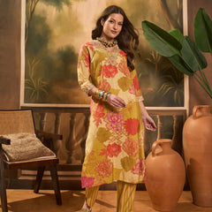 Floral Printed V Neck Straight Kurta & Trousers