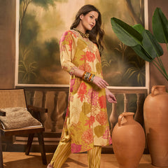 Floral Printed V Neck Straight Kurta & Trousers