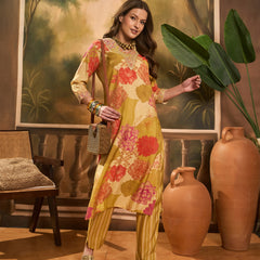 Floral Printed V Neck Straight Kurta & Trousers