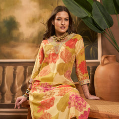 Floral Printed V Neck Straight Kurta & Trousers