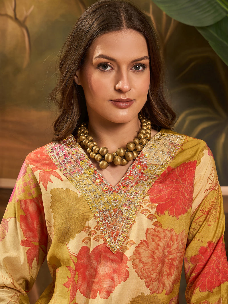 Floral Printed V Neck Straight Kurta & Trousers