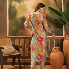Floral Printed V Neck Straight Kurta & Trousers