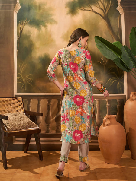 Floral Printed V Neck Straight Kurta & Trousers