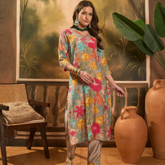 Floral Printed V Neck Straight Kurta & Trousers
