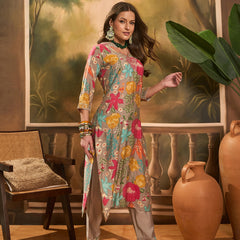 Floral Printed V Neck Straight Kurta & Trousers