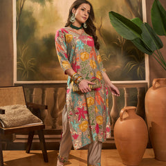 Floral Printed V Neck Straight Kurta & Trousers