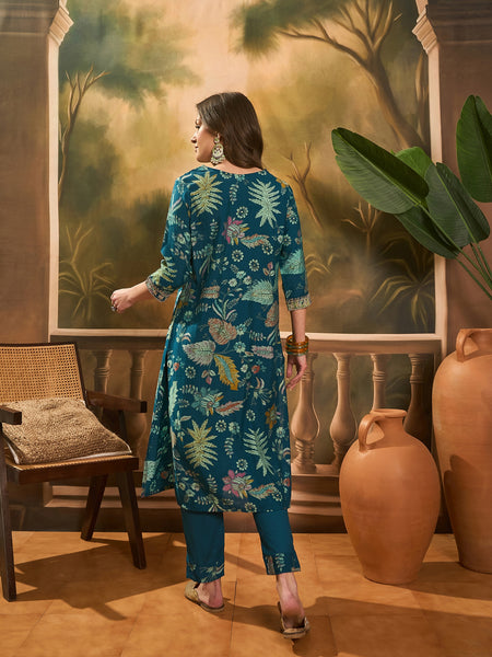 Floral Printed V Neck Straight Kurta & Trousers