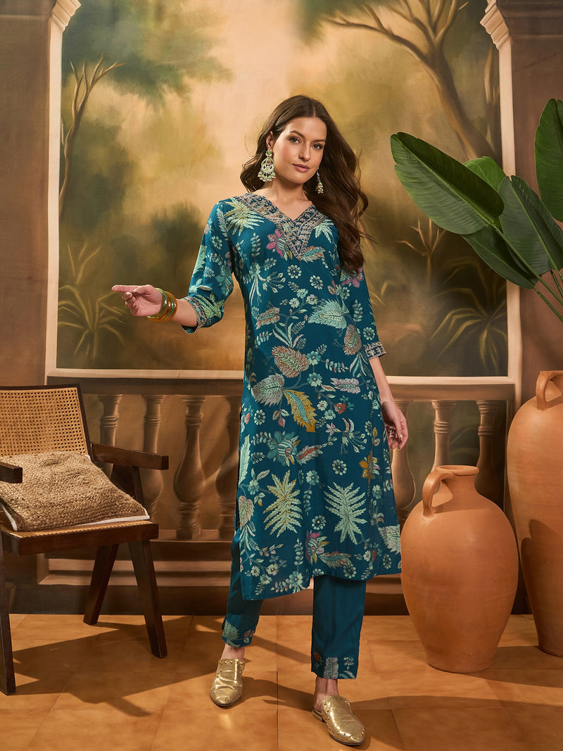 Floral Printed V Neck Straight Kurta & Trousers