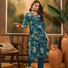 Floral Printed V Neck Straight Kurta & Trousers