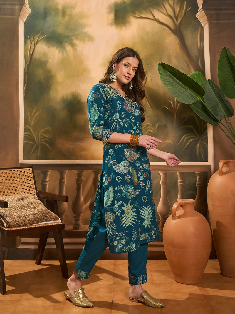 Floral Printed V Neck Straight Kurta & Trousers