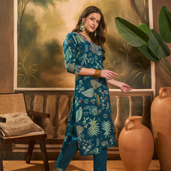 Floral Printed V Neck Straight Kurta & Trousers