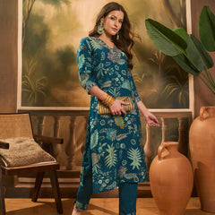 Floral Printed V Neck Straight Kurta & Trousers