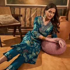 Floral Printed V Neck Straight Kurta & Trousers