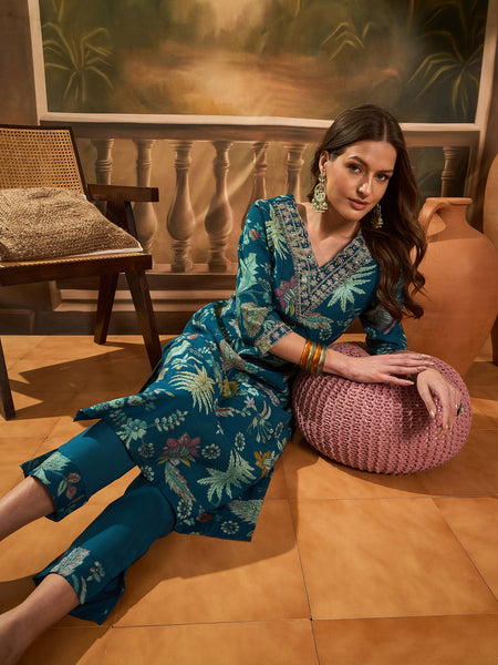 Floral Printed V Neck Straight Kurta & Trousers