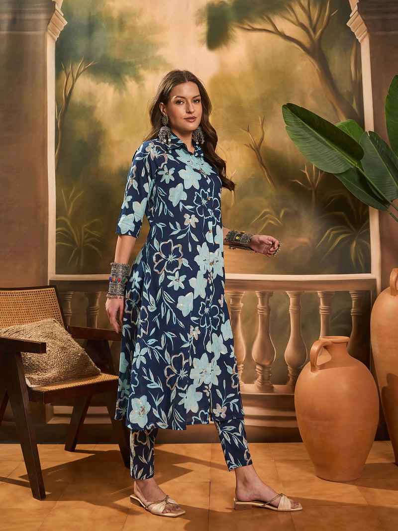 Floral Printed Pure Cotton A-Line Kurta & Trousers
