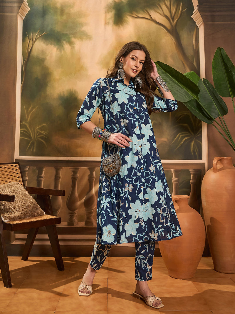 Floral Printed Pure Cotton A-Line Kurta & Trousers