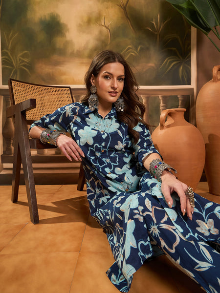 Floral Printed Pure Cotton A-Line Kurta & Trousers