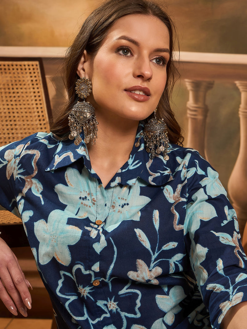 Floral Printed Pure Cotton A-Line Kurta & Trousers
