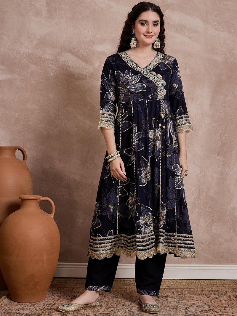 Black Printed & Mirror Work Anarkali Kurta With Trouser & Dupatta Kurta Set