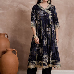 Black Printed & Mirror Work Anarkali Kurta With Trouser & Dupatta Kurta Set