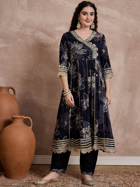 Black Printed & Mirror Work Anarkali Kurta With Trouser & Dupatta Kurta Set