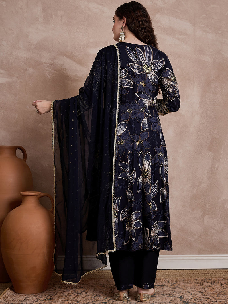 Black Printed & Mirror Work Anarkali Kurta With Trouser & Dupatta Kurta Set