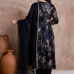 Black Printed & Mirror Work Anarkali Kurta With Trouser & Dupatta Kurta Set