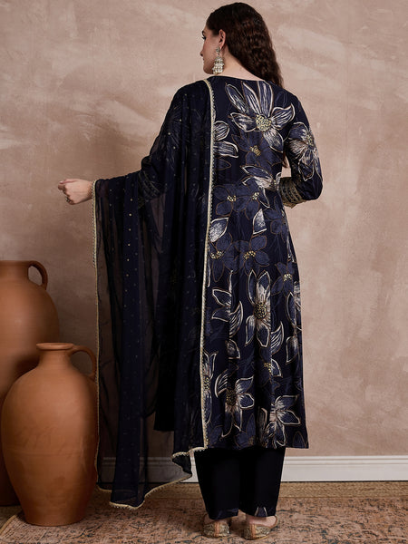 Black Printed & Mirror Work Anarkali Kurta With Trouser & Dupatta Kurta Set