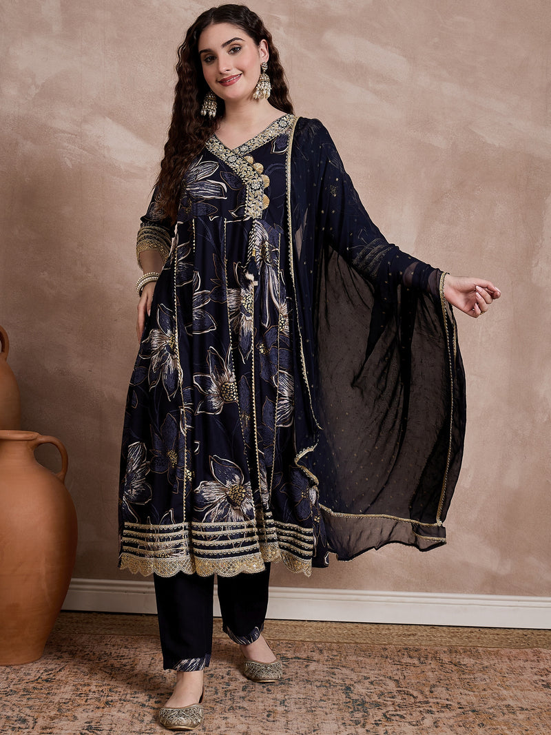 Black Printed & Mirror Work Anarkali Kurta With Trouser & Dupatta Kurta Set