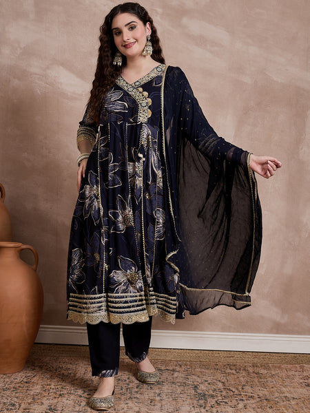 Black Printed & Mirror Work Anarkali Kurta With Trouser & Dupatta Kurta Set