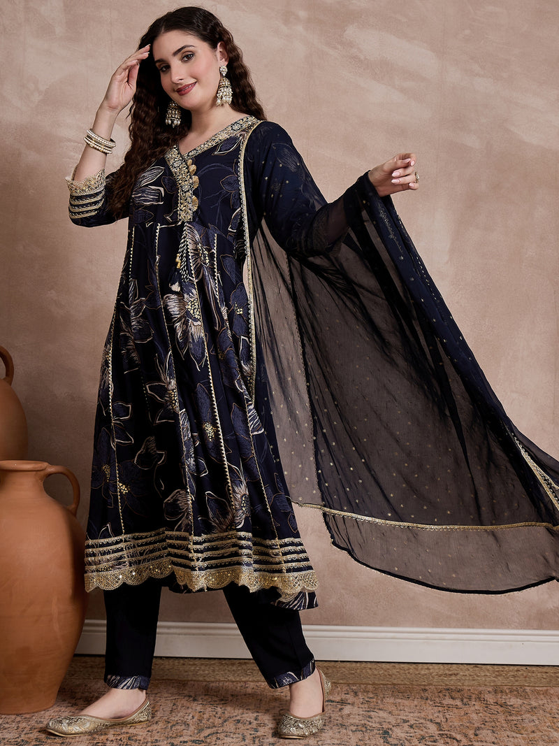 Black Printed & Mirror Work Anarkali Kurta With Trouser & Dupatta Kurta Set