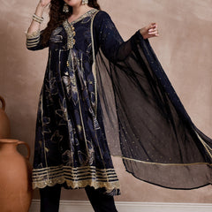 Black Printed & Mirror Work Anarkali Kurta With Trouser & Dupatta Kurta Set