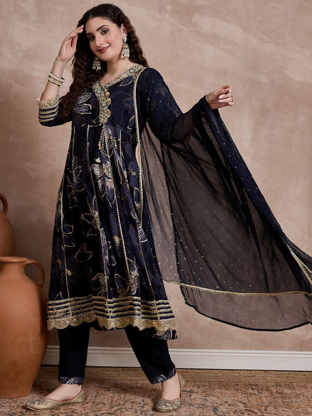 Black Printed & Mirror Work Anarkali Kurta With Trouser & Dupatta Kurta Set