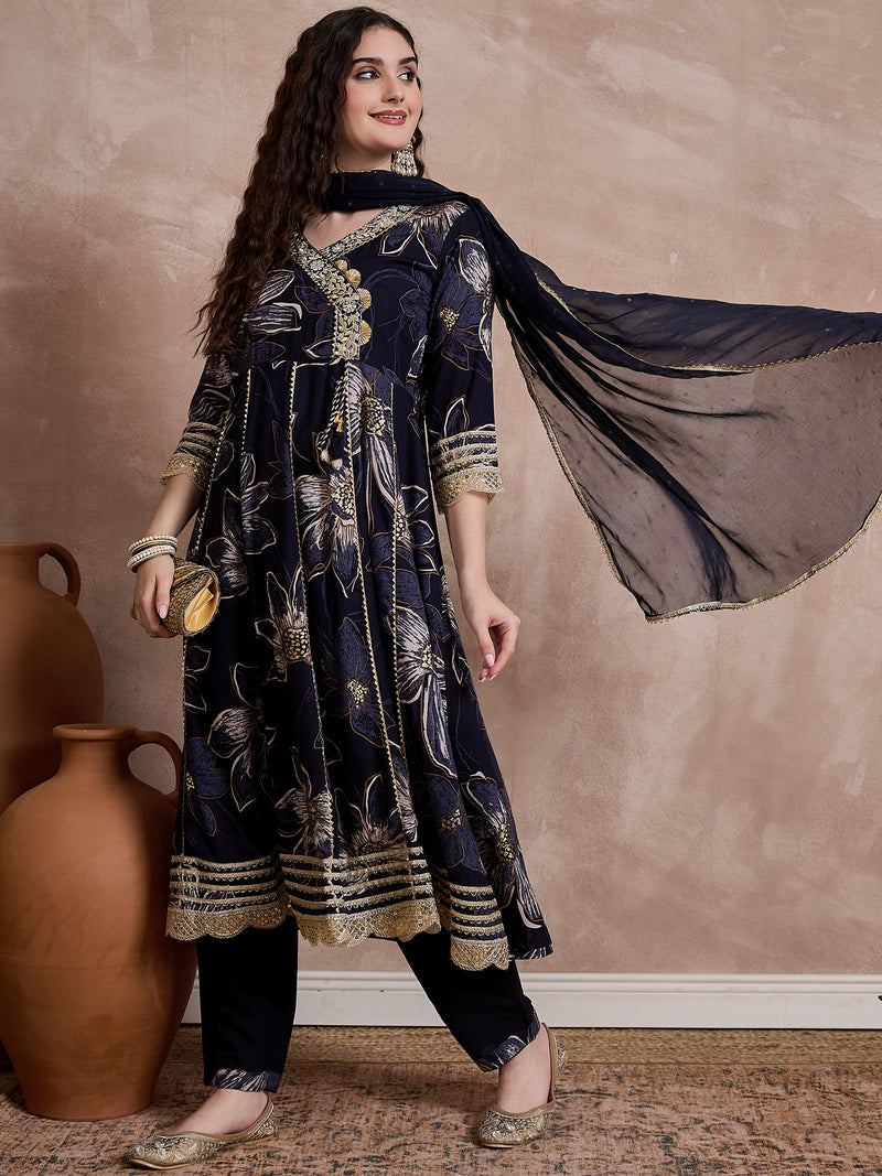 Black Printed & Mirror Work Anarkali Kurta With Trouser & Dupatta Kurta Set