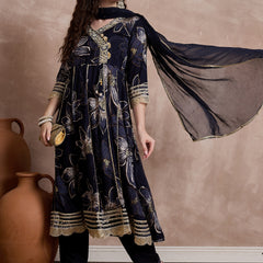 Black Printed & Mirror Work Anarkali Kurta With Trouser & Dupatta Kurta Set