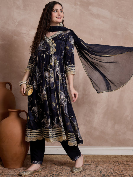 Black Printed & Mirror Work Anarkali Kurta With Trouser & Dupatta Kurta Set