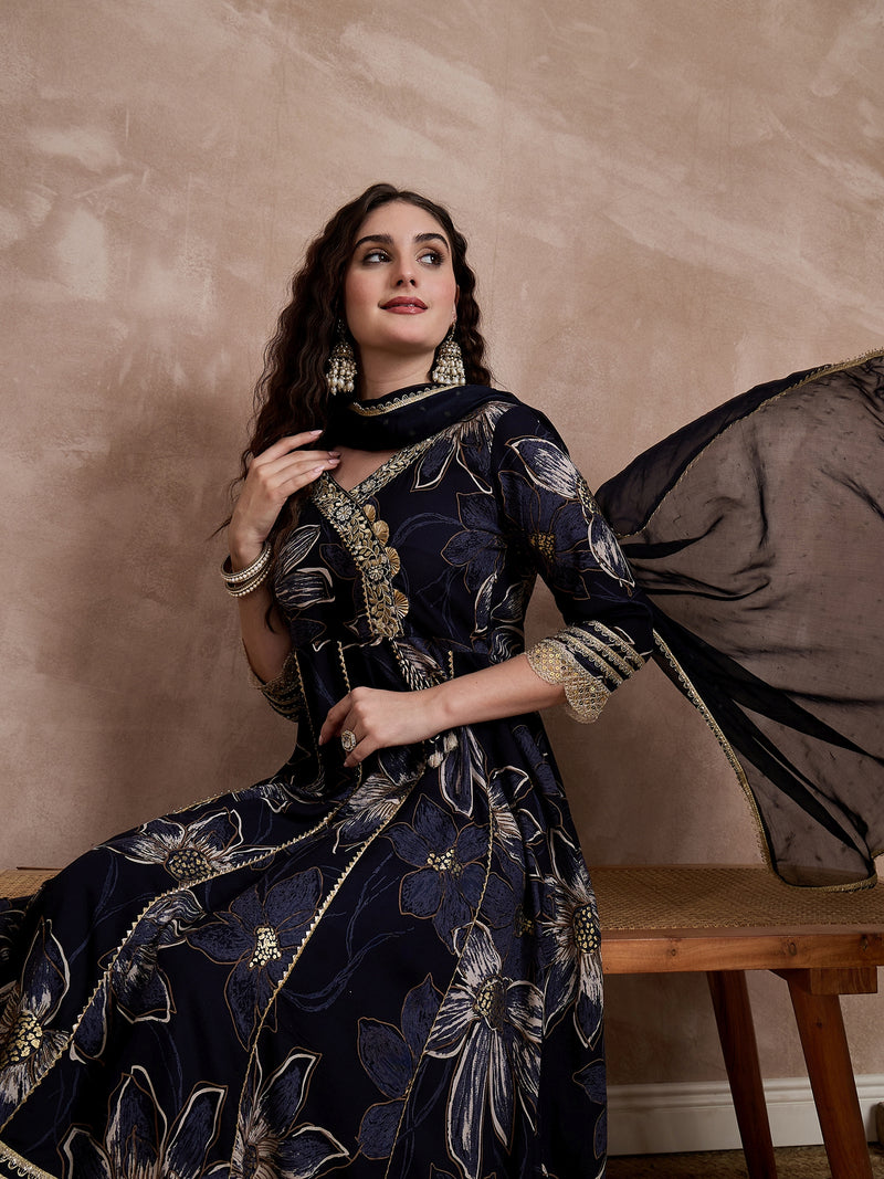 Black Printed & Mirror Work Anarkali Kurta With Trouser & Dupatta Kurta Set