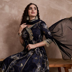 Black Printed & Mirror Work Anarkali Kurta With Trouser & Dupatta Kurta Set