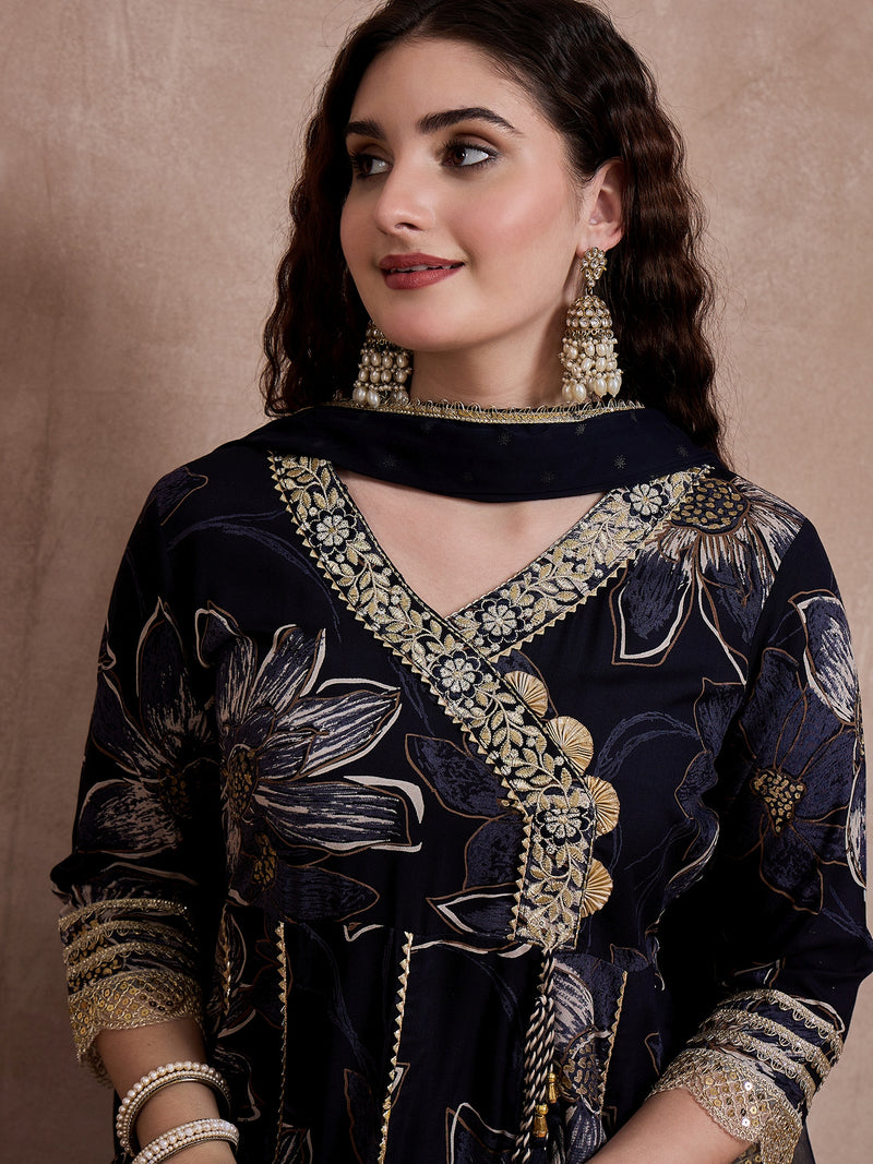 Black Printed & Mirror Work Anarkali Kurta With Trouser & Dupatta Kurta Set