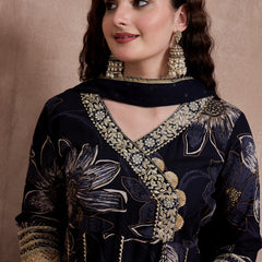 Black Printed & Mirror Work Anarkali Kurta With Trouser & Dupatta Kurta Set