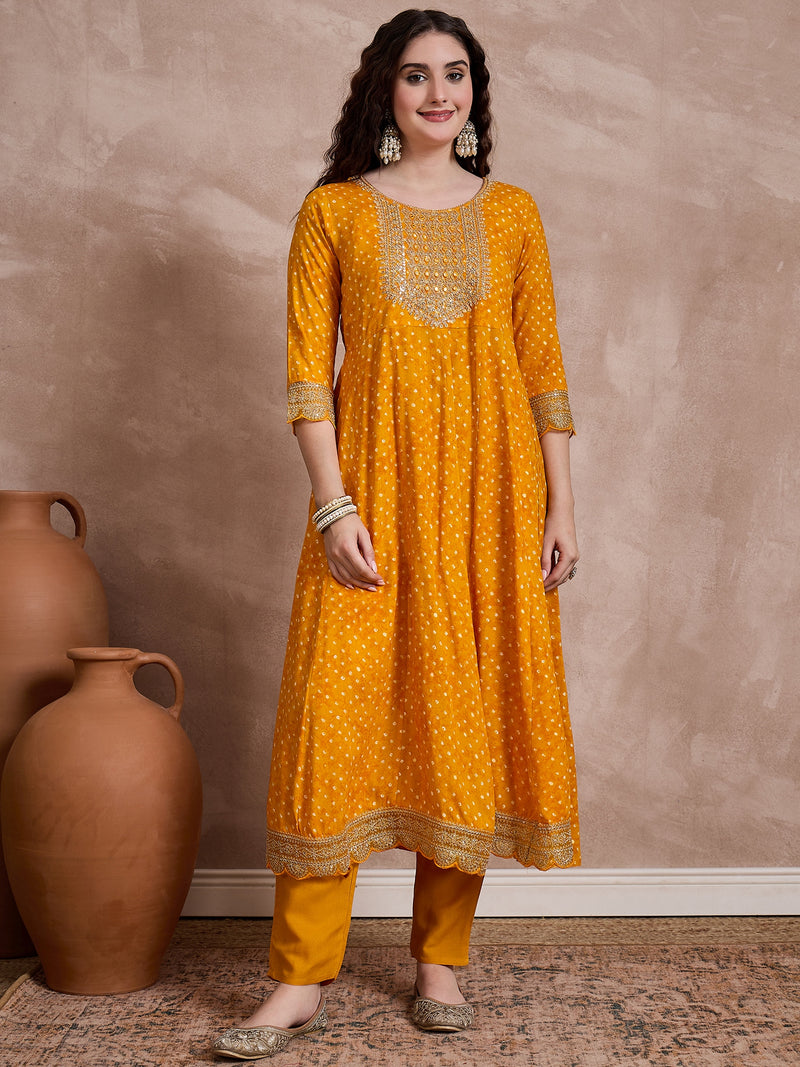 Orange Bhandhej Print & Mirror Work Anarkali Kurta With Trouser & Dupatta Kurta Set