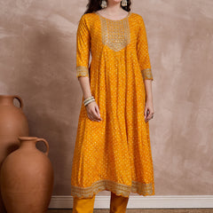 Orange Bhandhej Print & Mirror Work Anarkali Kurta With Trouser & Dupatta Kurta Set