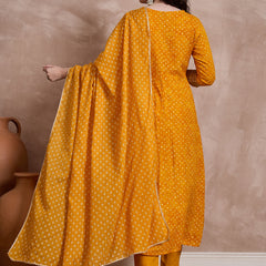 Orange Bhandhej Print & Mirror Work Anarkali Kurta With Trouser & Dupatta Kurta Set