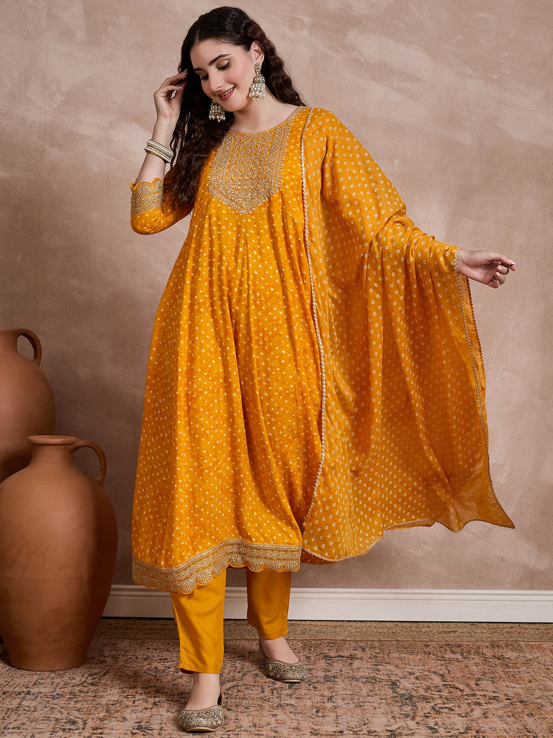 Orange Bhandhej Print & Mirror Work Anarkali Kurta With Trouser & Dupatta Kurta Set