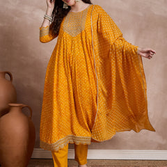 Orange Bhandhej Print & Mirror Work Anarkali Kurta With Trouser & Dupatta Kurta Set