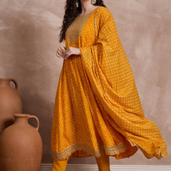 Orange Bhandhej Print & Mirror Work Anarkali Kurta With Trouser & Dupatta Kurta Set