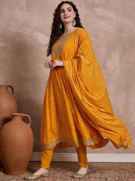 Orange Bhandhej Print & Mirror Work Anarkali Kurta With Trouser & Dupatta Kurta Set