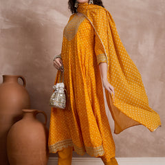 Orange Bhandhej Print & Mirror Work Anarkali Kurta With Trouser & Dupatta Kurta Set