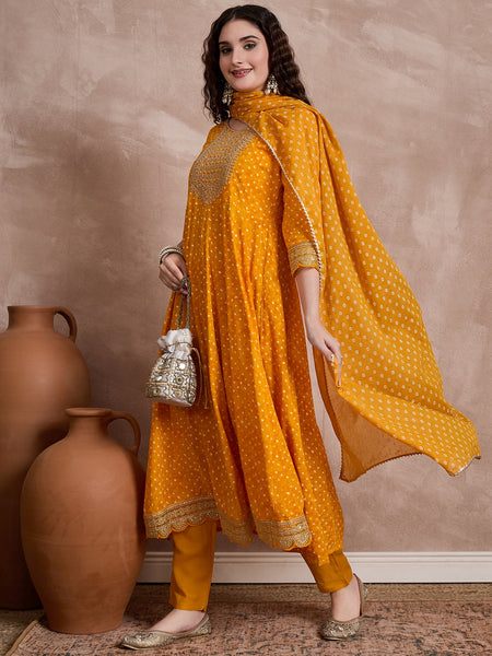 Orange Bhandhej Print & Mirror Work Anarkali Kurta With Trouser & Dupatta Kurta Set