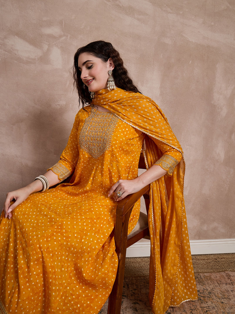 Orange Bhandhej Print & Mirror Work Anarkali Kurta With Trouser & Dupatta Kurta Set